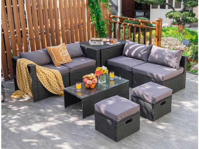 Costway 8PCS Patio Rattan Furniture Set Storage Table Ottoman Grey cover