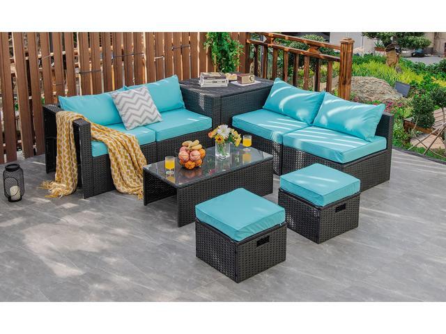 Costway 8PCS Patio Rattan Furniture Set Storage Table Ottoman Turquoise cover