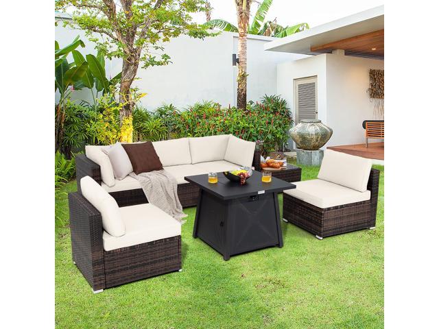 Costway 7PCS Patio Rattan Furniture Set Fire Pit Table Cover Cushion Off White