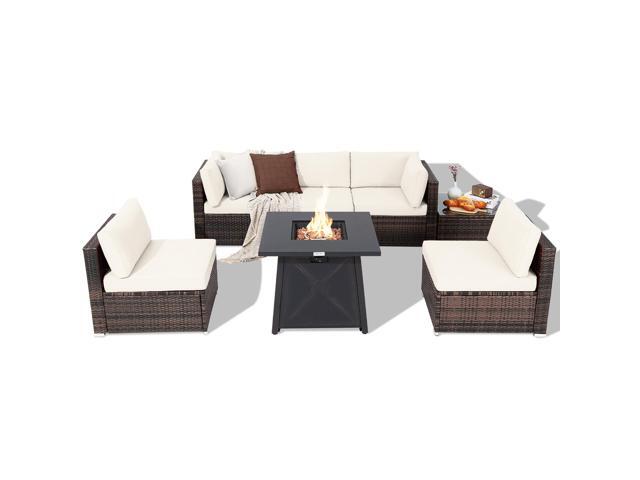 Costway 7PCS Patio Rattan Furniture Set Fire Pit Table Cover Cushion Off White