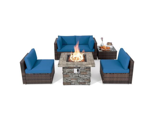 Costway 6 PCS Patio Wicker Furniture Set 34.5'' Fire Pit Table W/Cover Navy Blue