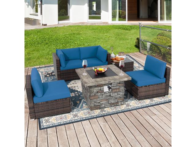 Costway 6 PCS Patio Wicker Furniture Set 34.5'' Fire Pit Table W/Cover Navy Blue
