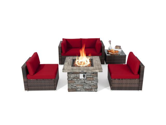 Costway 6 PCS Patio Wicker Furniture Set 34.5'' Fire Pit Table W/Cover Red