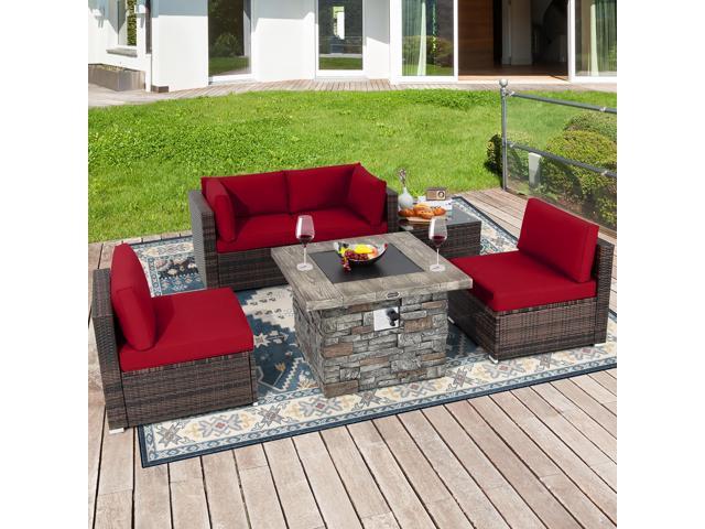 Costway 6 PCS Patio Wicker Furniture Set 34.5'' Fire Pit Table W/Cover Red