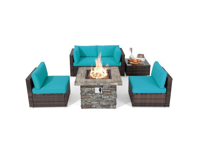 Costway 6 PCS Patio Wicker Furniture Set 34.5'' Fire Pit Table W/Cover Turquoise