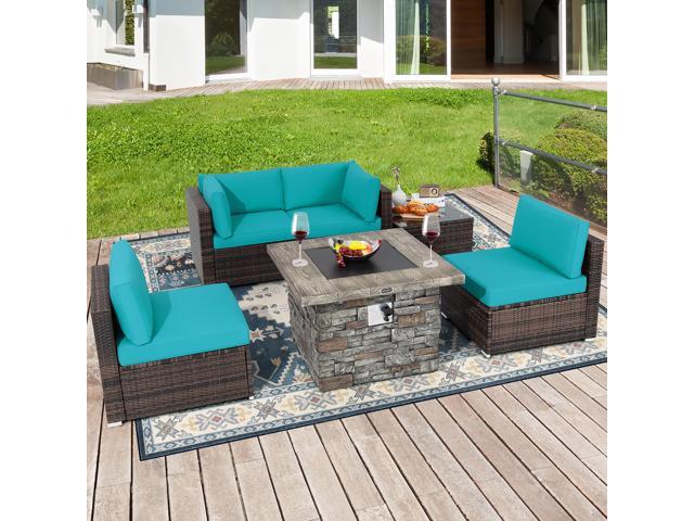 Costway 6 PCS Patio Wicker Furniture Set 34.5'' Fire Pit Table W/Cover Turquoise