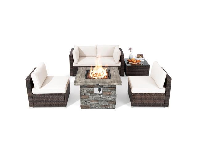 Costway 6 PCS Patio Wicker Furniture Set 34.5'' Fire Pit Table W/Cover Off White