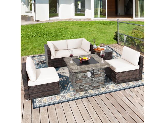 Costway 6 PCS Patio Wicker Furniture Set 34.5'' Fire Pit Table W/Cover Off White