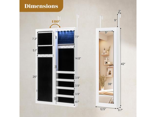 Costway Wall Door Mounted Mirrored Jewelry Cabinet Organizer Storage w/LED Light White