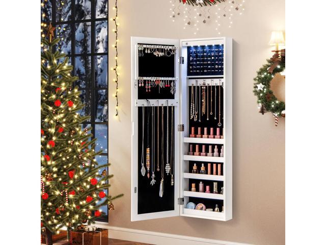 Costway Wall Door Mounted Mirrored Jewelry Cabinet Organizer Storage w/LED Light White