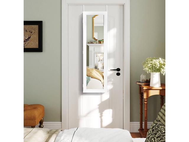 Costway Wall Door Mounted Mirrored Jewelry Cabinet Organizer Storage w/LED Light White