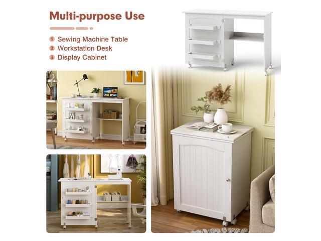 Costway White Folding Sewing Craft Table with Storage Shelves Cabinet Lockable Wheels