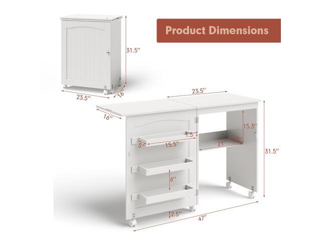 Costway White Folding Sewing Craft Table with Storage Shelves Cabinet Lockable Wheels
