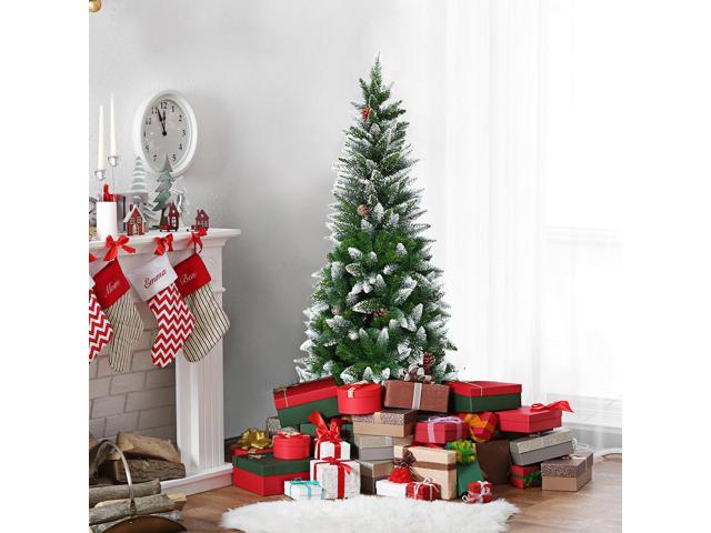 Costway 5ft Snow Flocked Unlit Pencil Christmas Tree Hinged Pine Cones