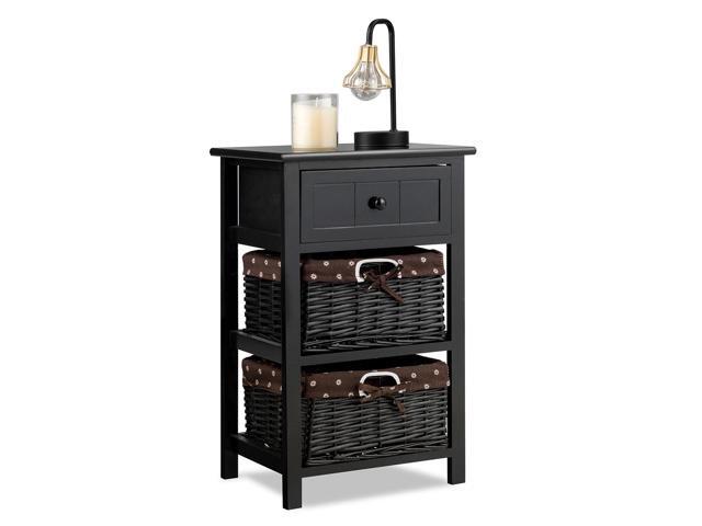 Costway Night Stand 3 Layer 1 Drawer Bedside End Table Organizer Wood W/2 Basket Black