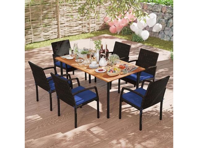 Costway 7PCS Patio Rattan Dining Set W/ Cushion Umbrella Hole Navy