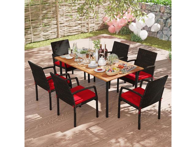 Costway 7PCS Patio Rattan Dining Chair Table Set W/ Cushion Umbrella Hole Red