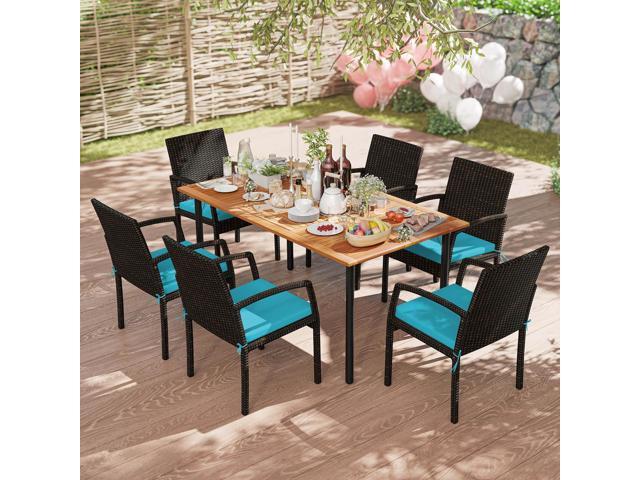 Costway 7PCS Patio Rattan Dining Chair Table Set W/ Cushion & Hole Turquoise