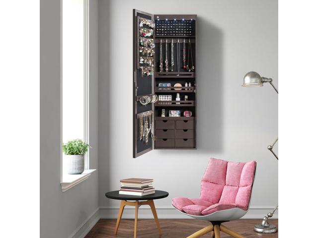 Wall Door Mounted LED Mirror Jewelry Cabinet Lockable Armoire w/ 6 Drawers Brown