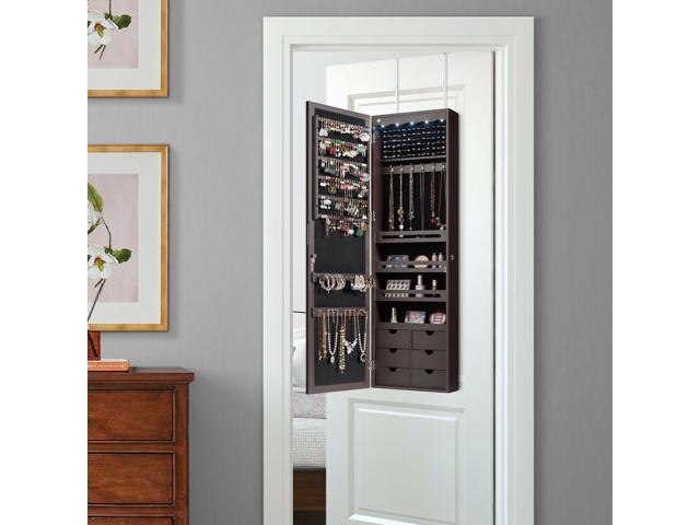 Wall Door Mounted LED Mirror Jewelry Cabinet Lockable Armoire w/ 6 Drawers Brown