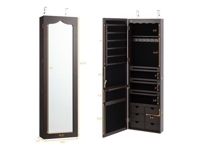 Wall Door Mounted LED Mirror Jewelry Cabinet Lockable Armoire w/ 6 Drawers Brown