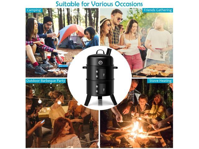 3-in-1 Portable Round Charcoal Smoker Vertical BBQ Grill Built-in Thermometer