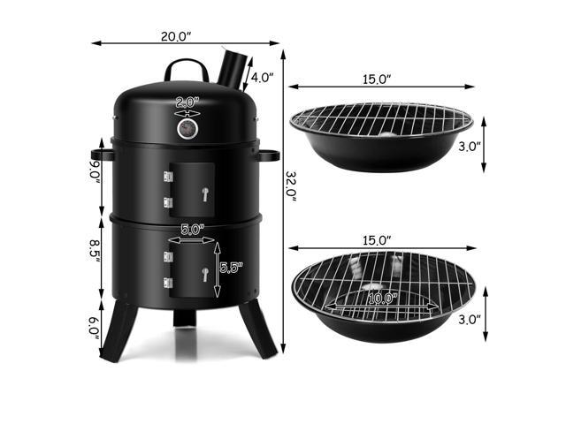 3-in-1 Portable Round Charcoal Smoker Vertical BBQ Grill Built-in Thermometer