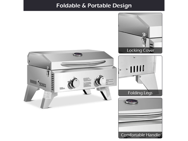 2 Burner Portable Stainless Steel BBQ Table Top Propane Gas Grill Outdoor Camp