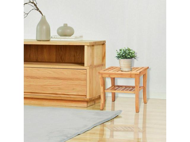 Shower Seat Bench Bamboo Bathroom Spa Bath Organizer Stool with Storage Shelf
