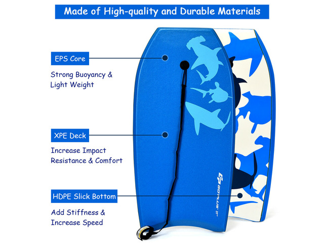 37' Lightweight Super Bodyboard Surfing W/Leash EPS Core Boarding Blue Shark