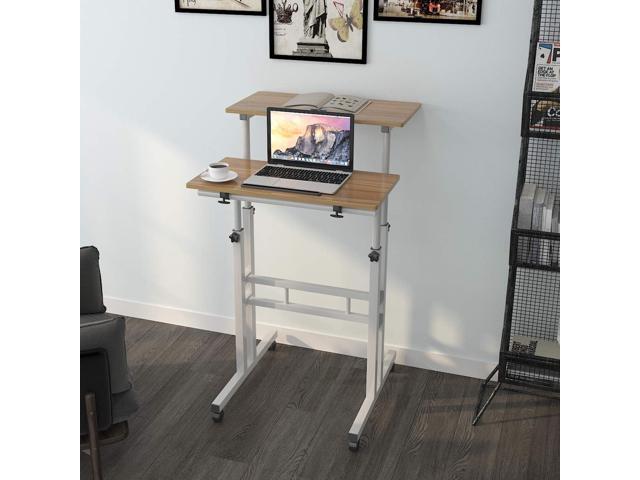 sogesfurniture Mobile Standing Desk Laptop Workstation on Wheels, Adjustable Computer Desk for Standing or Sitting, Oak 101-OK
