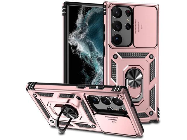 Military Grade Hybrid Case with Ring Grip and Camera Lens Protector for Samsung Galaxy S23 Ultra - Rose Gold