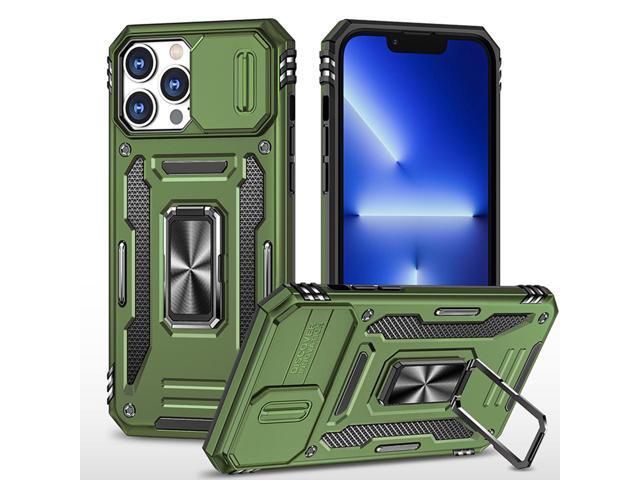 Military Grade Ring Holder Case with Camera Lens Cover for iPhone 14 Pro Max - Green