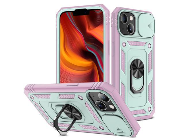Military Grade Certified Ring Grip Case with Camera Lens Cover for iPhone 14 Pro - Teal Pink