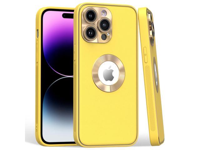 Luxury Leather Hybrid Case with Integrated Tempered Glass Camera Lens Protector for iPhone 15 Pro - Yellow