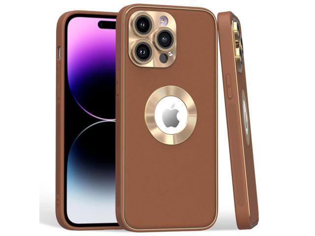 Luxury Leather Hybrid Case with Integrated Tempered Glass Camera Lens Protector for iPhone 15 Plus - Brown