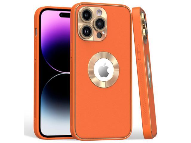 Luxury Leather Hybrid Case with Integrated Tempered Glass Camera Lens Protector for iPhone 15 Plus - Orange
