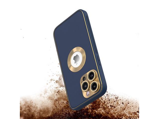 Luxury Leather Hybrid Case with Integrated Tempered Glass Camera Lens Protector for iPhone 15 Pro - Blue