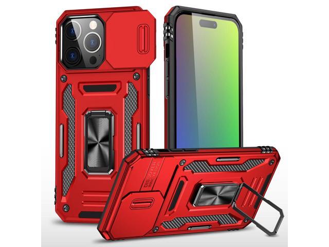 Military Grade Ring Holder Case with Camera Lens Cover for iPhone 15 Pro Max - Red