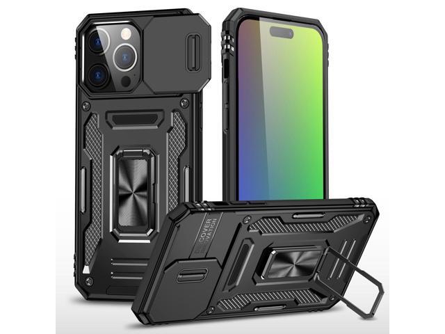 Military Grade Ring Holder Case with Camera Lens Cover for iPhone 15 Pro - Black