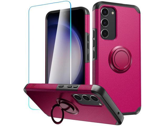 Shockproof Air Cushion Hybrid Case with Ring Grip and Tempered Glass Screen Protector for Samsung Galaxy S23 FE - Hot Pink