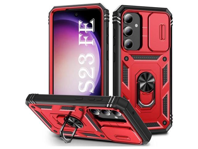 Military Grade Hybrid Case with Ring Grip and Camera Lens Protector for Samsung Galaxy S23 FE - Red