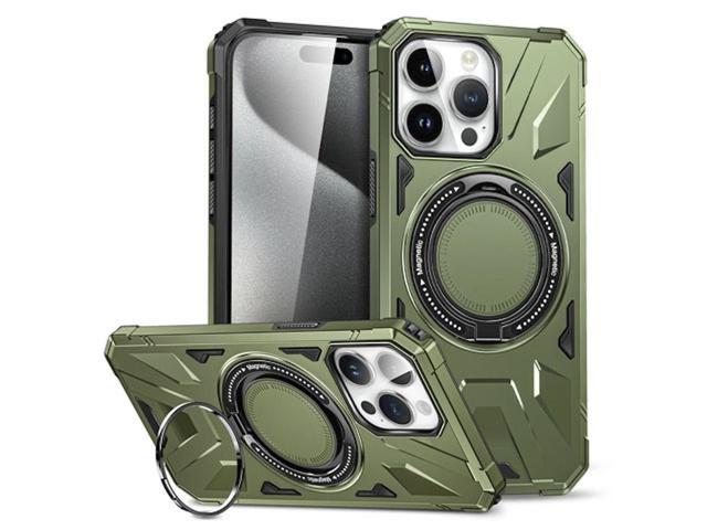 Military Grade TUFF MagSafe Case with Rotating Ring Stand for iPhone 15 Pro Max - Green