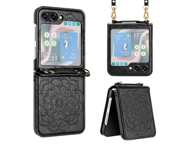 Mandala Flower Leather Protective Cover with Strap for Samsung Galaxy Z Flip 5 - Black