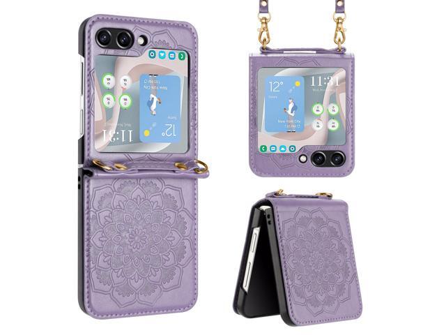 Mandala Flower Leather Protective Cover with Strap for Samsung Galaxy Z Flip 5 - Purple