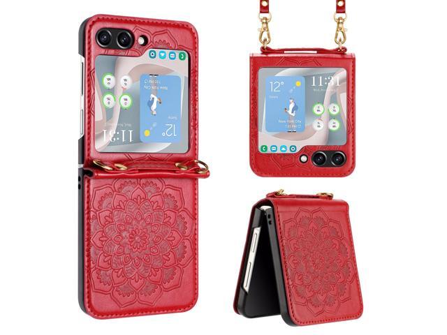 Mandala Flower Leather Protective Cover with Strap for Samsung Galaxy Z Flip 5 - Red
