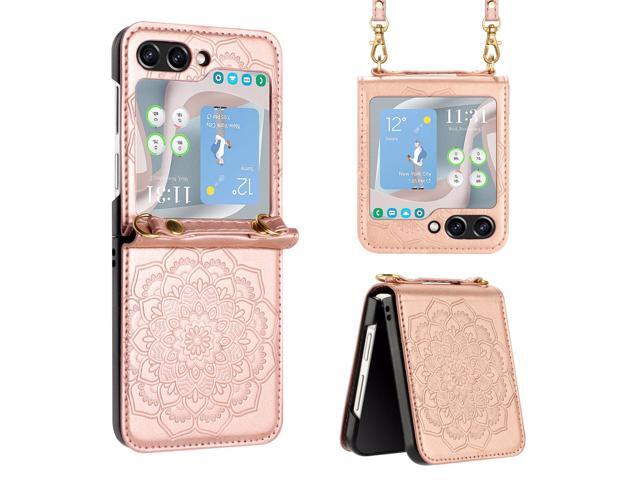 Mandala Flower Leather Protective Cover with Strap for Samsung Galaxy Z Flip 5 - Rose Gold