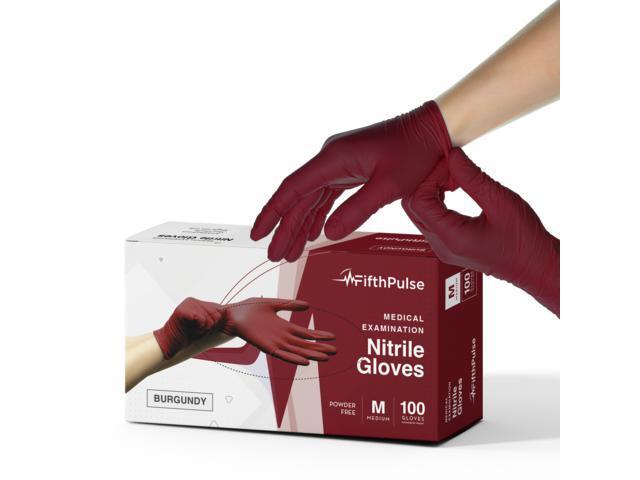 Fifth Pulse Nitrile Exam Latex Free & Powder Free Gloves - Burgundy - Box of 100 Gloves (Medium)