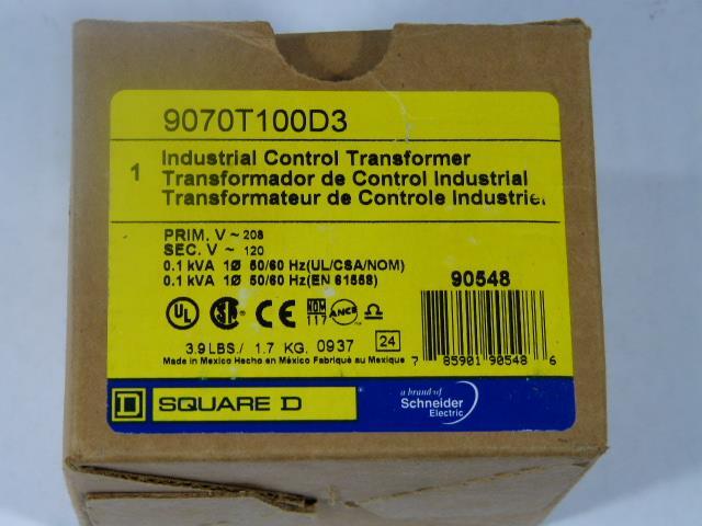 SQUARE D 9070T100D3 Control Transformer, 100 VA, Not Rated, 120V AC, 208V AC