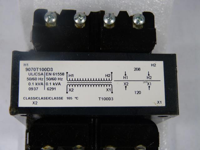 SQUARE D 9070T100D3 Control Transformer, 100 VA, Not Rated, 120V AC, 208V AC